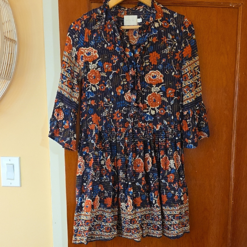Anthropologie Floral Mini Dress in Navy and Orange
